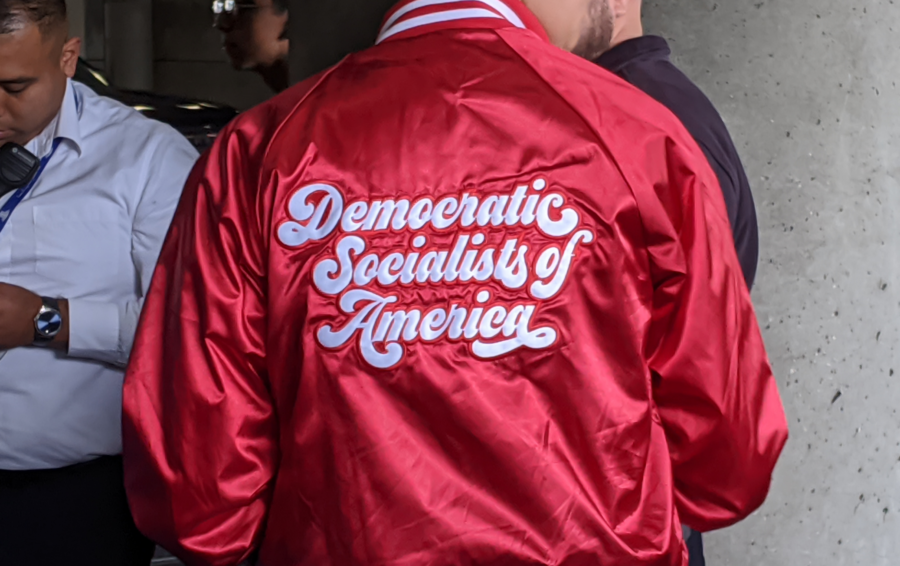 Man sieht eine Person von hinten, die eine rote Jacke trägt, auf der Democratic Socialists of America steht.