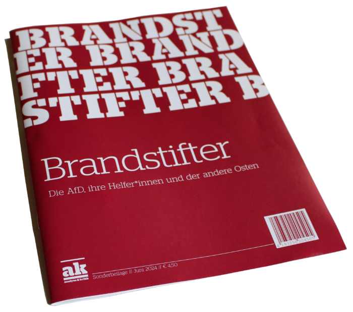 Cover des ak-Sonderheftes "Brandstifter. Die AfD, ihre Helfer*innen und der andere Osten."