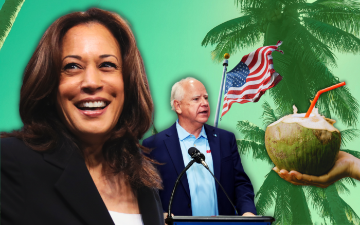 Porträts von Kamala Harris, Tim Walz und eine Kokosnuss mit einem Strohhalm vor einem grünen Plamen-Hintergrund