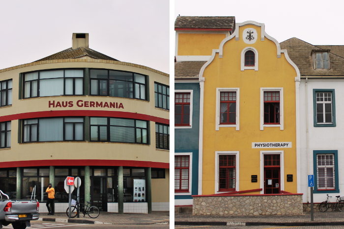 Zwei Bilder von Gebäuden nebeneinander. Links ein modernes Haus an einer Straßenecke mit der Aufschrift "Haus Germania". Links ein klassischeres Gebäude im deutschen Kolonialstil