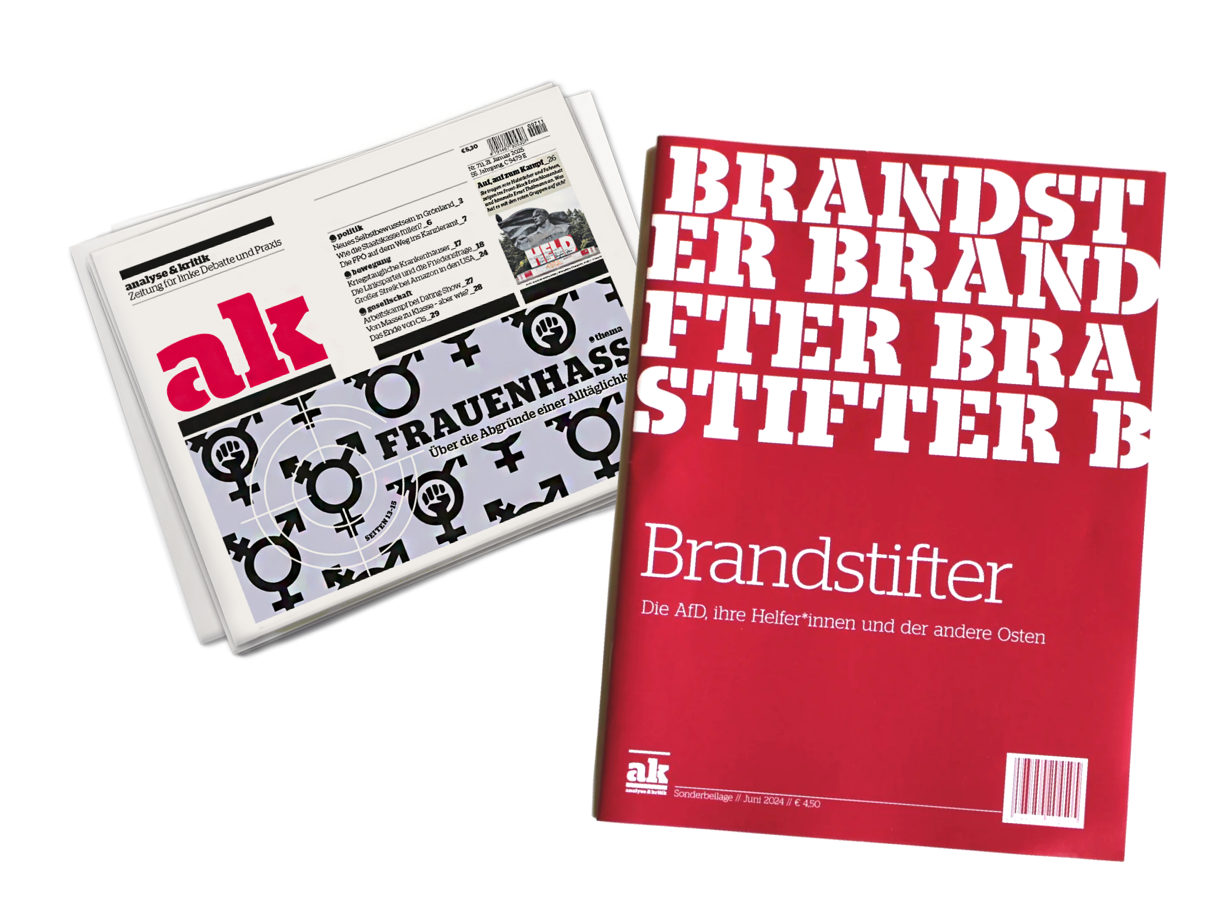 Titelseite des ak Sonderhefts "Brandstifter" und Titelseite der ak-Ausgabe mit dem Schwerpunkt-Thema "Frauenhass"