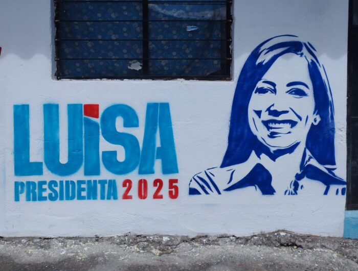 Zu sehen ist ein Wandgemälde mit dem Portrait von Louisa Gonzales und dem Schriftzug Louisa Presidenta 2025.